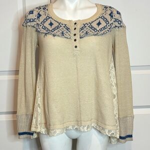 Free People We The Free Cabin In The Woods Thermal Henley Lace Blue Cream Top XS
